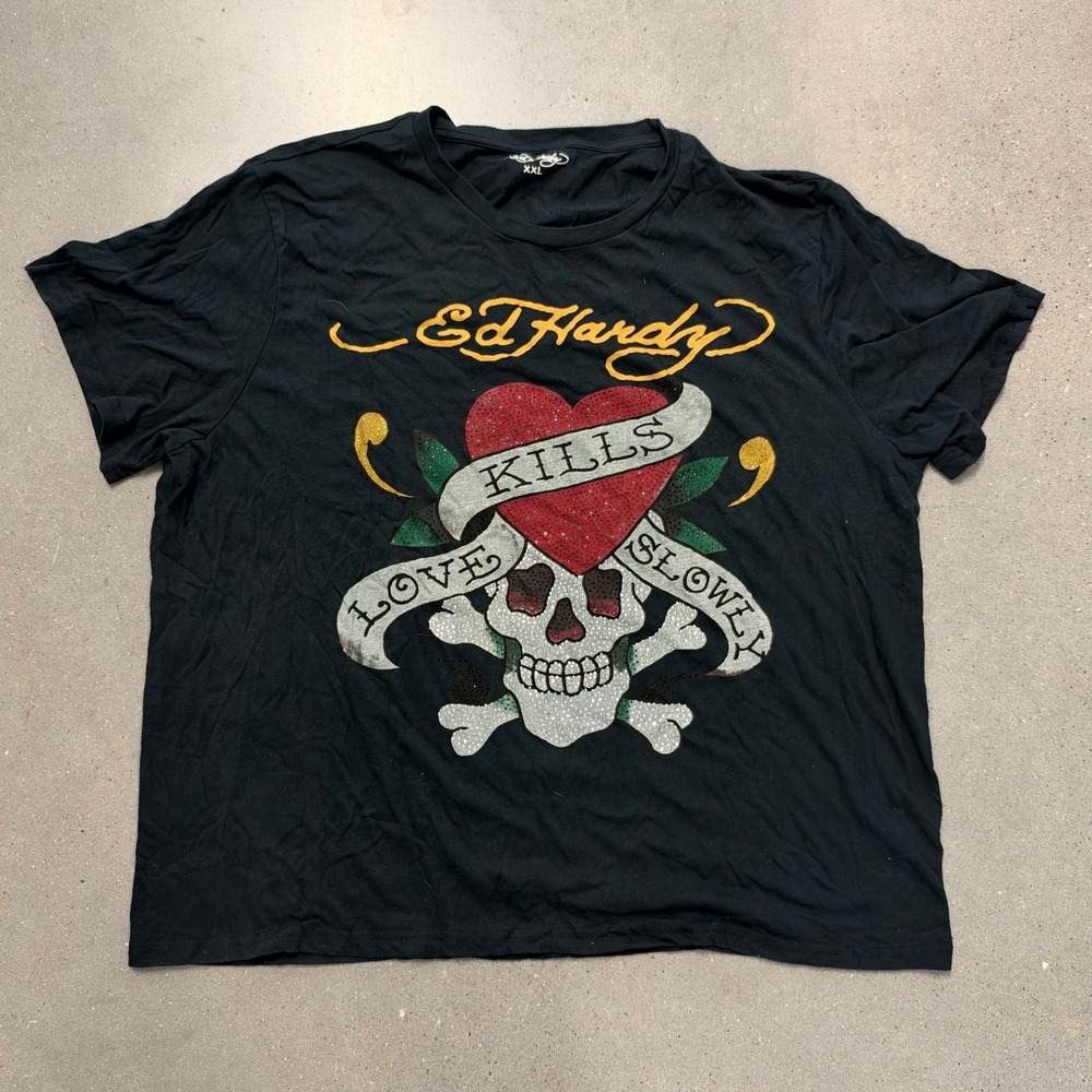 Ed Hardy Love Kills Slowly Skull Heart Glitter Graphic T-Shirt Black XXL
